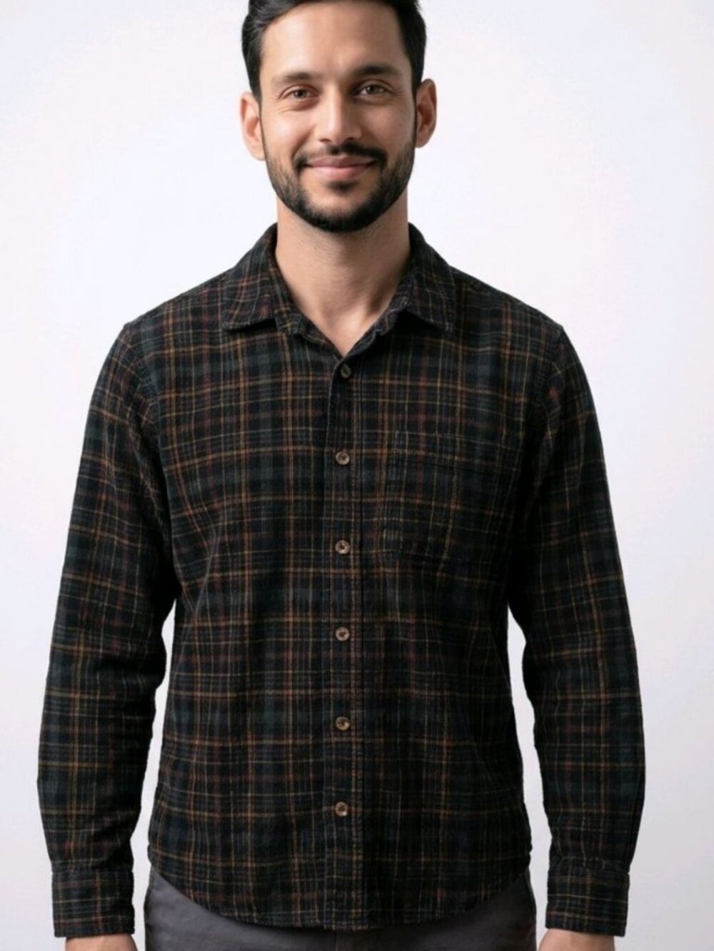 Grove & Hollow Men's Medium Long Sleeve Micro Corduroy Tartan Plaid Shirt